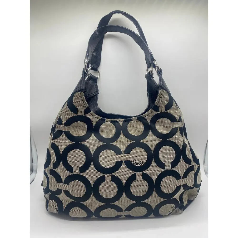 Coach Gray Black Madison Op Art Maggie Shoulder Bag Y2K Jacquard Leather Retro